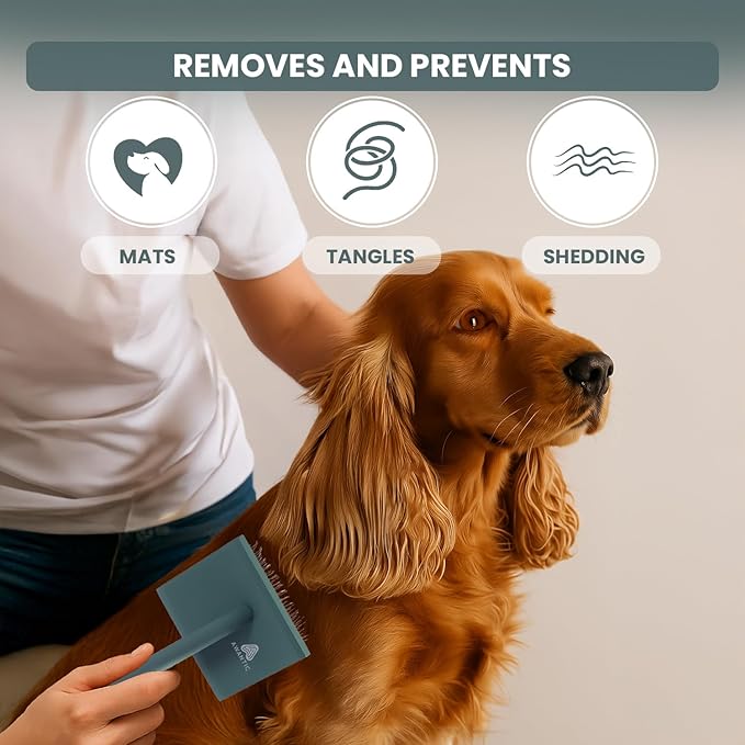 Self- Cleaning Slicker Brush for Dogs Suitable for Short & Long Haired Dogs and Effective Deshedding for Pet Grooming, Undercoat Removal, Tangle-Free Fur (Green Brush + Comb)
