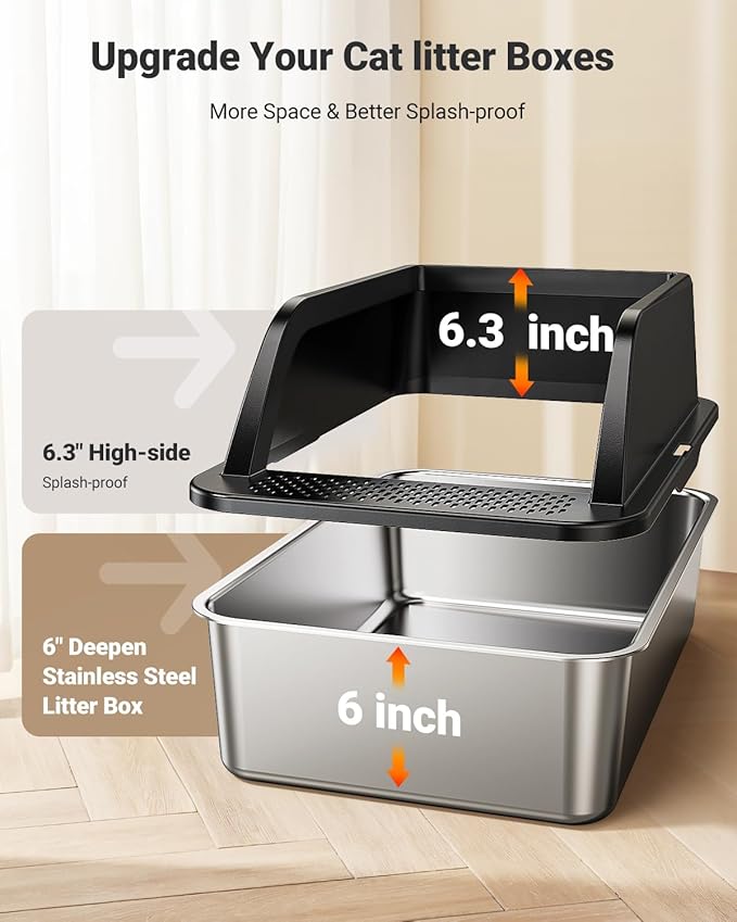 XL Stainless Steel Litter Box, Extra Large Metal Cat Litter Box with High Sided for Big Cats, Enclosed Litter Boxed with Lid, Easy-Clean Cat Litter Mat & Scoop Kit, Anti-Urine Leakage (Black)