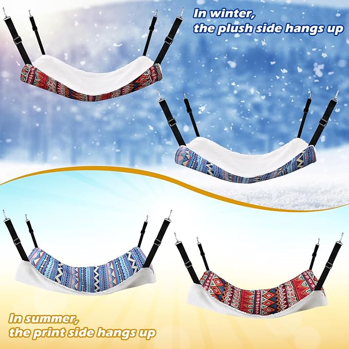 Jetec 2 Pieces Reversible Cat Hanging Hammock Soft Breathable Pet Cage Hammock with Adjustable Straps and Metal Hooks Double Sided Hanging Bed for Small Dogs Rabbits(Ethnic Pattern,L)
