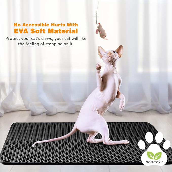 Waterproof Cat Litter Mat, Double Layer EVA, Odor-Free Large Grid, Urine Proof, Easy Cleanup (Black, 27 x 46)