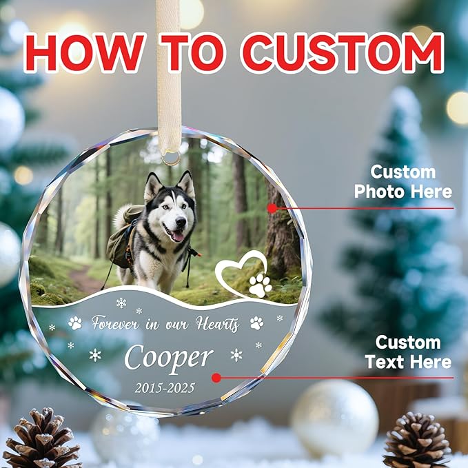Personalized Pet Memorial Ornament - Custom Photo, Name & Dates - Forever in Our Hearts Glass Crystal Keepsake Ornaments - Dog Memorial Gifts for Loss of Dog, Cat