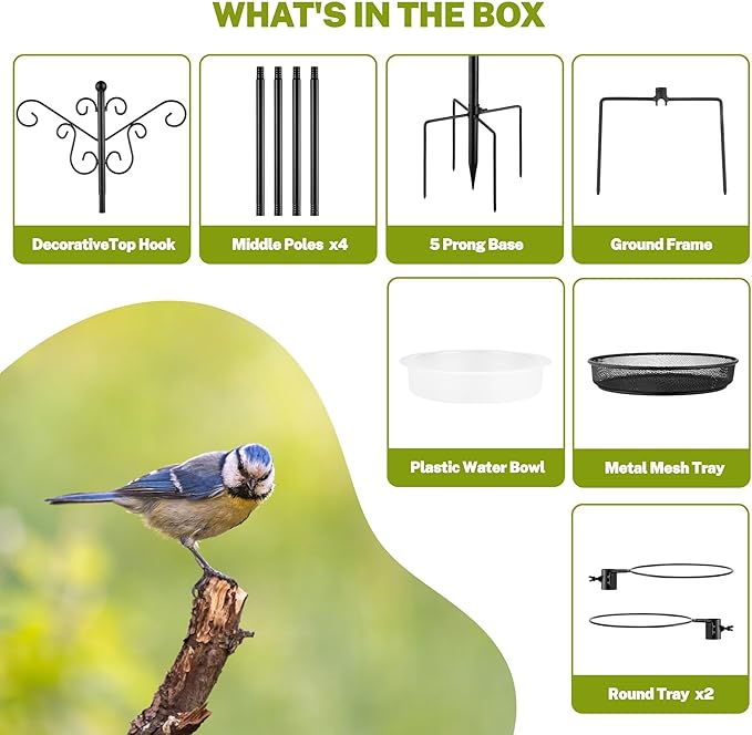 Bird Feeding Station,Heay Duty Bird Feeder Pole with Upgraded Thickened Pole & 5-Prong Base,Hanging Hooks,Mesh Tray,Water Bowl w/Metal Snap Fastening,Wind-Resistant Wild Bird Feeding Kit for Outdoors