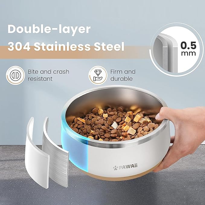 Pawaii Dog Bowl, 68 oz Double-Wall Stainless Steel Food and Water Bowl, Non-Slip Rubber Base, Dishwasher Safe, ID Tag Included, (1 Pack)