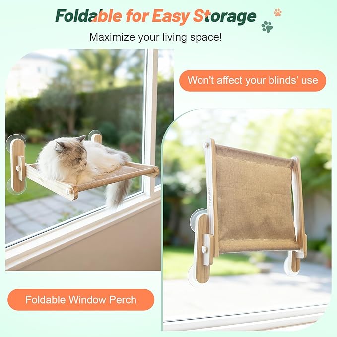 Foldable Cat Window Perch - Natural Pine Cat Sill Seat, 50LBS Heavy Duty Cordless Design, Space-Saving No-Scratch Window Hammock for Indoor Cats