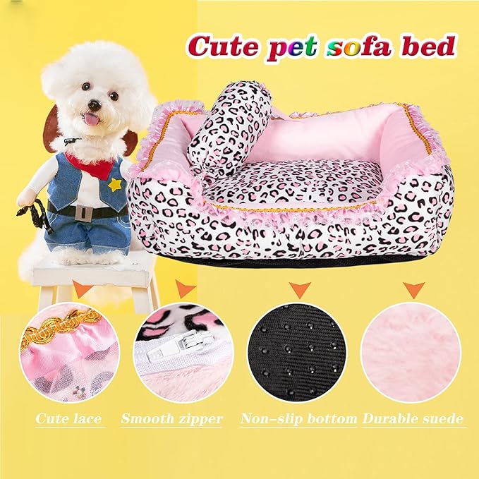 Gigreinc Dog Bed for Small Dogs - Cute Pink Leopard Dog Bed,Cat Beds for Indoor Cats Washable - Square Shape Cat Dog Sofa Bed Pet House Nest Cave(L, 22.0" L x 17.0" W x 6.0" Th