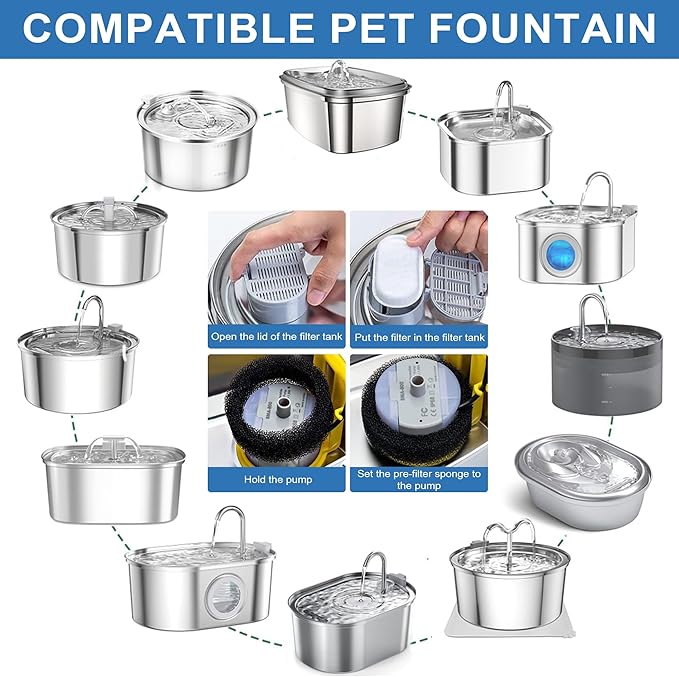 RBAYSALE Cat Water Fountain Replacement Filters - 28 Pack Triple Action With Carbon Filter and Pre-Filter Sponges (14 Filters & 14 Sponges) for Pet Water Fountains