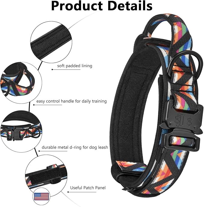 DAGANXI Tactical Dog Collar, Adjustable Military Training Nylon Dog Collar with Control Handle and Heavy Metal Buckle for Medium and Large Dogs, with Patches & Airtags Case (L, Colorful Triangle-Set)