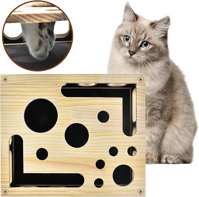 LUMIXA Reinforced Cat Nail File Scratcher Box with 8 Screws, Wooden Enrichment Puzzle Toy for Indoor Cats, Inside Sandpaper Claw Care & Furniture Protection (Assembly Guide Included)