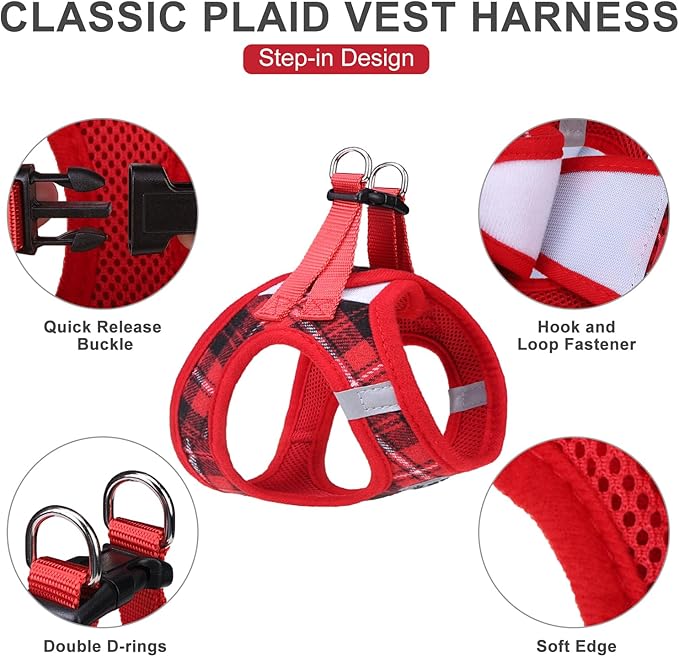 EXPAWLORER Classic Plaid Puppy Harness - Small Dog Harness and Leash Set - Dog Collar and Leash Set with AirTag Holder, Soft Padded Step in Dog Vest Harness No Pull Reflective for Outdoor, Red XS