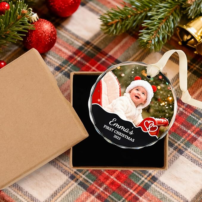 Baby's First Christmas Ornament 2026 - Custom Baby Photo Ornament for Christmas Tree, Newborn Boy Girl, New Mom Gifts - Personalized Christmas Ornaments with Name