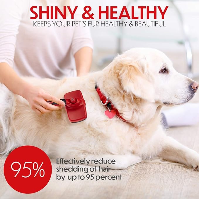 Self Cleaning Slicker Brush for Cat and Dog Coat - Detangler Dog Brush for Shedding & Grooming - Super Easy to Clean Deshedding Grooming Tool Removes Loose Pet Hair, Mats and Tangles (Red)