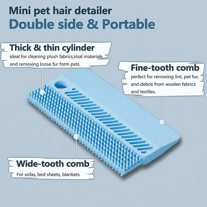 Self-Cleaning Cat Shedding Grooming Brush for Small Dog Pet Short Hair Remover Set Reusable Lint Removal Tool Carpet Scraper for Clothes Couch Bedding Furniture Car Blue