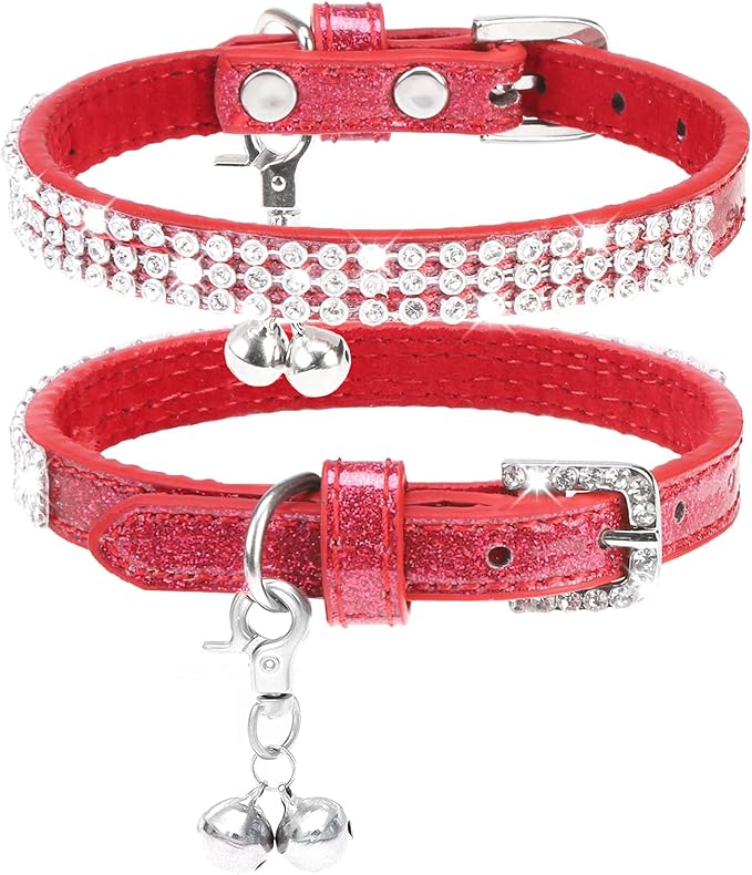 PUPTECK Basic Adjustable Cat Collar with Bling Diamond and Double Bells, for Kitten and Small Puppy, Fashion and Shining Dog Rhinestone Collars, 8-10in, Red