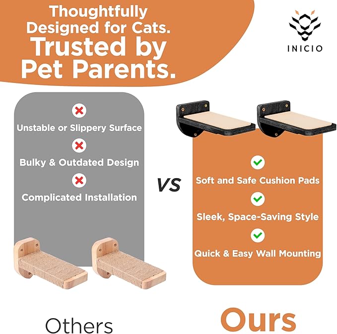 INICIO Cat Wall Stairs - Set of 3 Wall Steps for Cats to Climb with Fixtures, 8.7"x4.7" - Floating Steps for Climbing or Playing - for Kittens and Adult Cats, Black