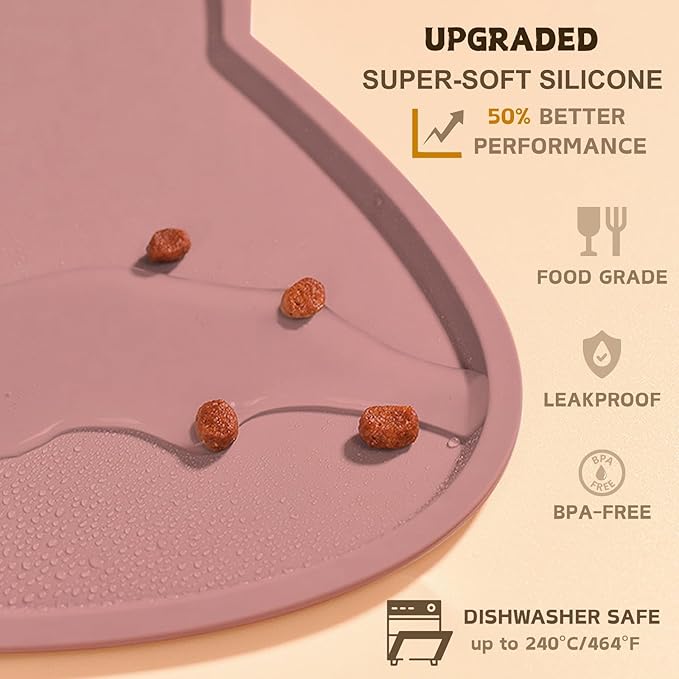 Cat Food Mat, Silicone Non Slip Dog Bowl Mat Waterproof Cat Feeding Mat Stop Food Spills and Water Messes Out to Floor Pet Food Mat (Coral Pink, 20" x 12")