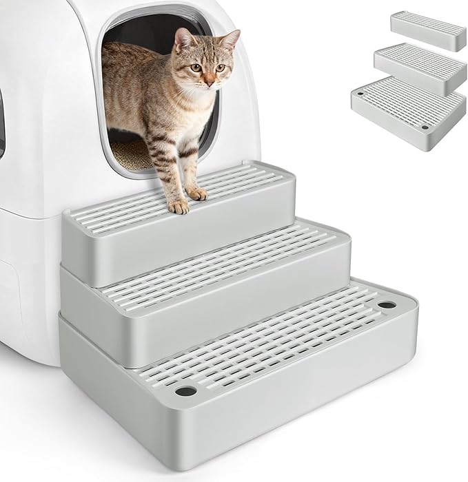 Extra Large 3 Steps Litter Box Ramp, Adjustable Cat Litter Box Step with Filter Function, Easy to Clean Cat Litter Stair Catcher for Elderly Cats and Kitten (Light Grey)