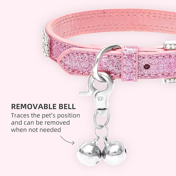 PUPTECK Basic Adjustable Cat Collar with Bling Diamond and Double Bells, for Kitten and Small Puppy, Fashion and Shining Dog Rhinestone Collars, 10-13 in, Pink