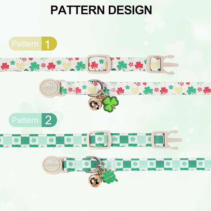 St. Patrick's Day 2 Pack Cat Collar, Soft Breakaway Clover Kitty Collar with Bell&Pendent, Cotton Shamrock Pattern Collar with Safety Buckle for Boy Girl Cats