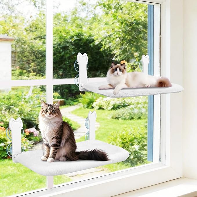2 Pack Cat Window Perch,Cat Window Hammock Cordless Foldable Window Bed with 4 Large Strong Suction Cup,Reversible Cushion Cover,Metal Frame Easy to Adjust Window Seat Holds up to 40lbs(White，M
