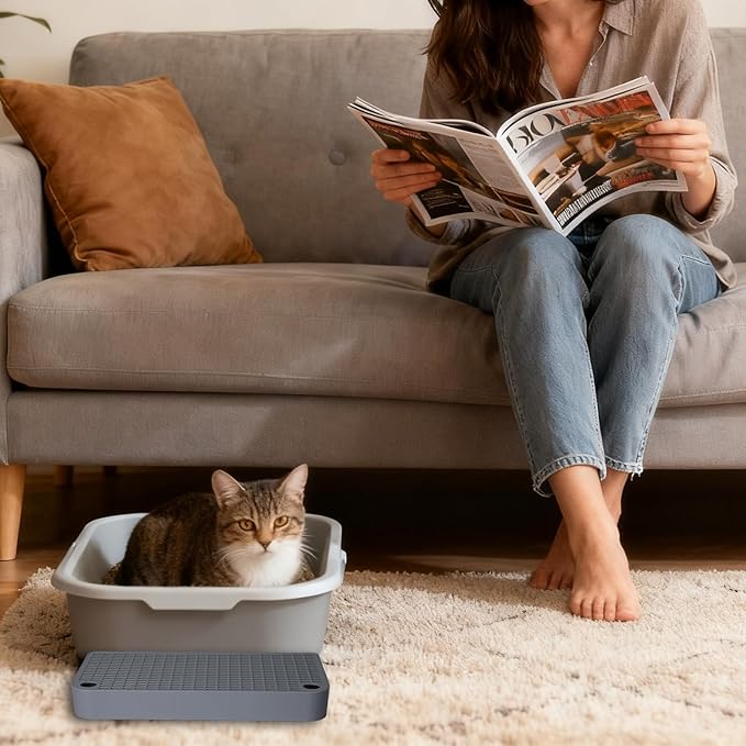 Cat Ramp Litter Box Step, Small Senior Cat Litter Box Mats Ramp for Floor with Filter Function, Low Entry Cute Cats Food Mat Stairs Prevent Tracking, Silicone Small Boxs Shield Catcher Mat Dark Grey