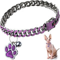 Hillban Cat Collar Diamond Chain Glitter Collar Walking Metal with Secure Buckle Cat Pet Necklace with Paw Charm and ID Tag Bell Link Cuban Jewelry Accessories Gift(8 Inch,Steel Black, Purple)