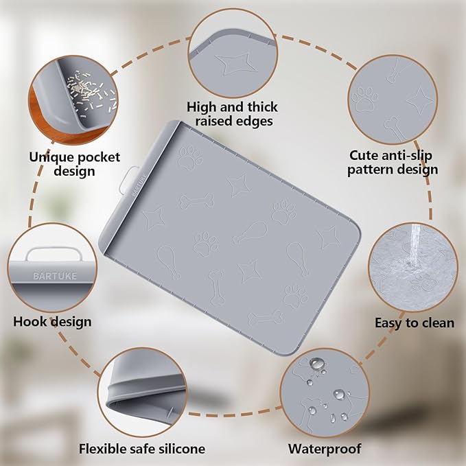 Silicone Cat Litter Mat with Collection Pocket, 42" x 28" Large Cat Litter Box Mat Waterproof Anti-Slip Litter Trapping Mat with Edge and Handle Pet Placemat for Floors (Light Grey)
