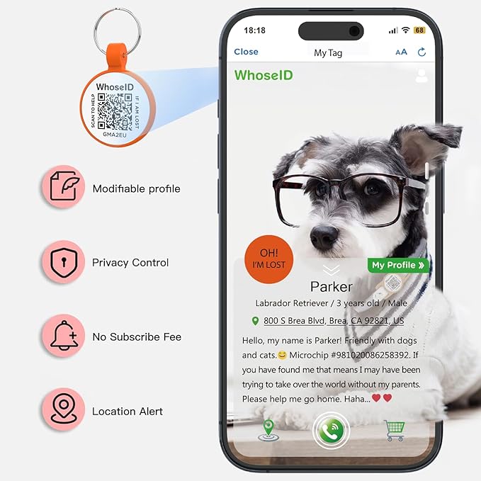 WhoseID QR Code Cat Tag, Modifiable Pet Online Profile Display Page, Multiple Emergency Contact, Silicone, No Jinging, Collar Accessories, Personalized Cat Tag (Small Breeds - 1", Orange)