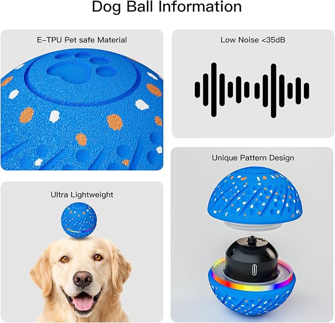 Interactive Dog Toys: Self Rolling & Bouncing Ball to Keep Them Busy, 3 Modes, Type-C Fast Charging, Durable E-TPU & IP54 Waterproof - Best for Small/Medium Breeds & Puppies (Blue, Medium)