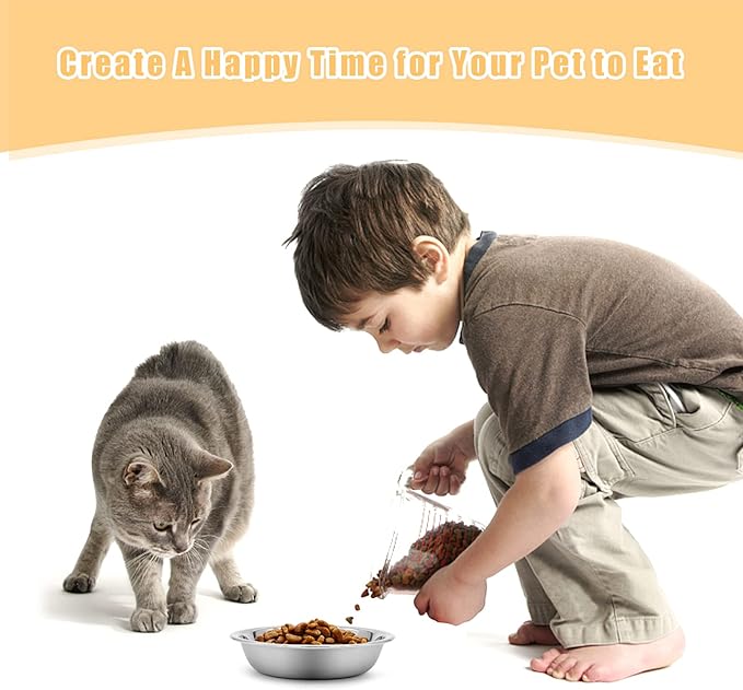 Stainless Steel Cat Bowl-Shallow Wide Flat Cats Food Bowls,Metal Kitten Dishes Whisker Friendly Fatigue Relief,Replacement Basic Kitty Plates for Elevated Stand,Dishwasher Safe（Set of 5）