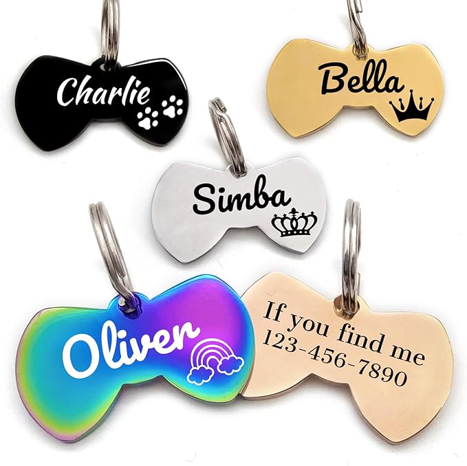 Stainless Steel Cat ID Tag Personalized Pet Tags with up to 4 Lines of Custom Text, Small Pet Mini Dog Cat Tag Lightweight, Engraved on Both Sides, Multiple Patterns Colors Size Options (Bowtie Icon)