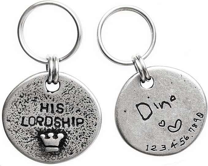Artistic Handmade Hammered Collar Cat Dog ID Tags with Unique Handcrafted Design and Durable Stainless Steel, Personalized Deep Engraving with Your Own Text (Hislordship)