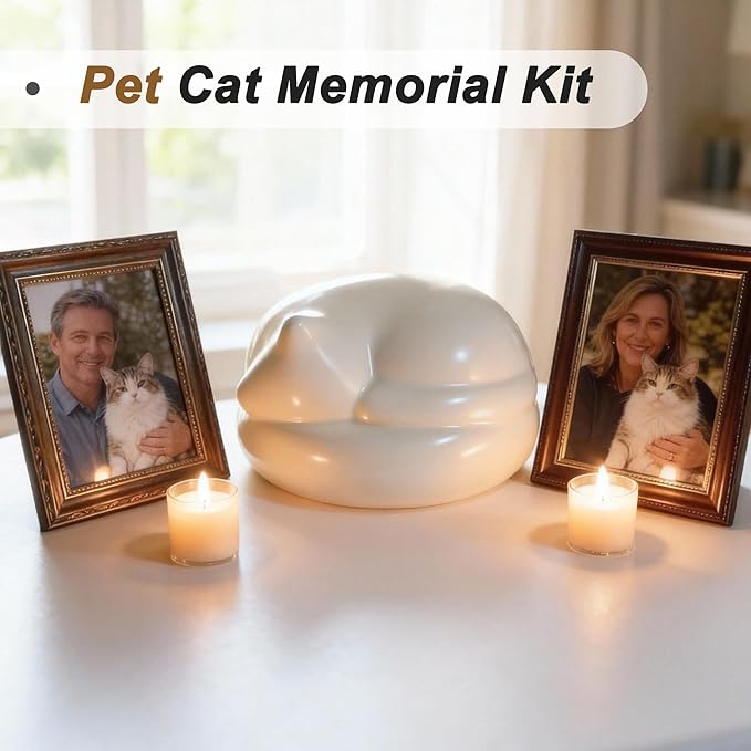 Cat Urn, Sleeping Cat Design Pet Urns for Cats, Includes Resin Cat-Shaped Ash Container with Plastic Plug, Sealing Bag, White