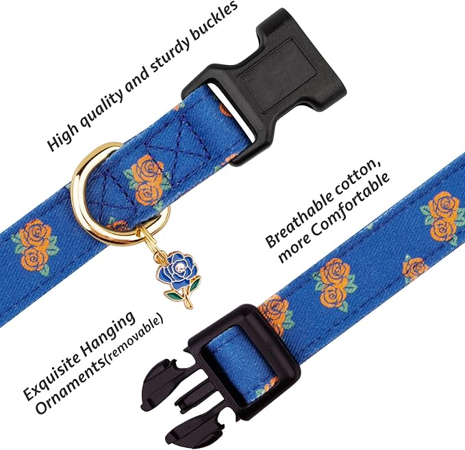 Cotton Handmade Dog Collar Cute and Distinctive Patterns Blue Rose with Pendant for Girl Boy Dogs Collars L