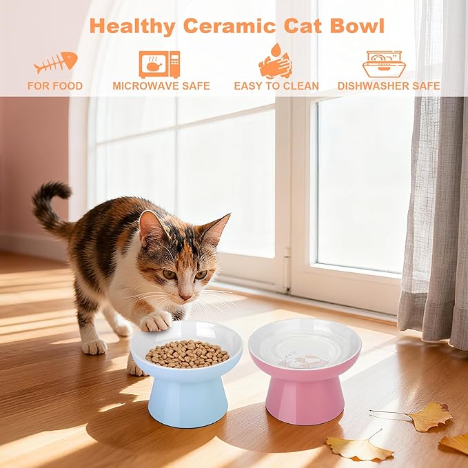 Ceramic Raised Cat Bowl, Elevated Cat Food Bowl with Non-Slip Base,Whisker Friendly Shallow Feeder for Dry & Wet Food, Dishwasher Safe, Anti Vomiting (Pink)