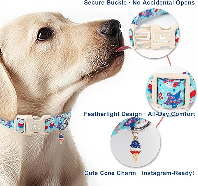 Maca Bates 4th of July Basic Dog Collar with Safety Buckle American Flag Patriotic 4 of 7 Dogs Collars Adjustable Soft Blue Independence Day Gift for Small Medium Large XL Boy Girl Male Female Puppy
