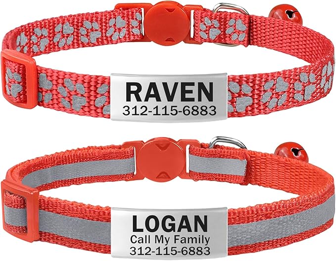 TagME 2 Pack Cat Collar with Name Tag, Personalized Reflective Cat Collar Breakaway with Bell for Boy & Girl Cats, Red