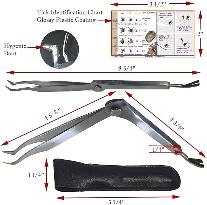 eTradewinds Tick Remover Tool Kit Tweezers & Tick Identifier Card - Hygienic All Stainless Steel Tick Removal Instrument Ideal for Human, Dog, Cat & General Pet Tick Puller w/Leather Case