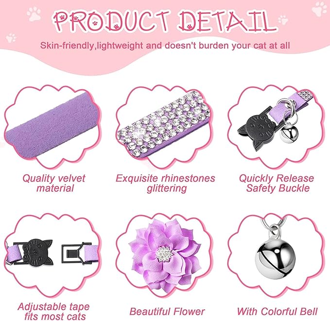 Cat Collars,Rhinestone for Girl Cats Bling Kitten Flower Adjustable Breakaway Collar with Bell Soft Velvet Leather Collar for Puppy Small Dogs (Red1)