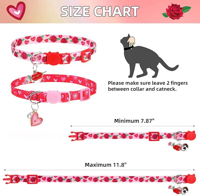 PUPTECK Valentine Breakaway Cute Cat Collar with Bell Charm for Kitty, 2 Packs Adjustable Kitten Collars Rose and Love Pattern, Pink, 7.8-11.8 in