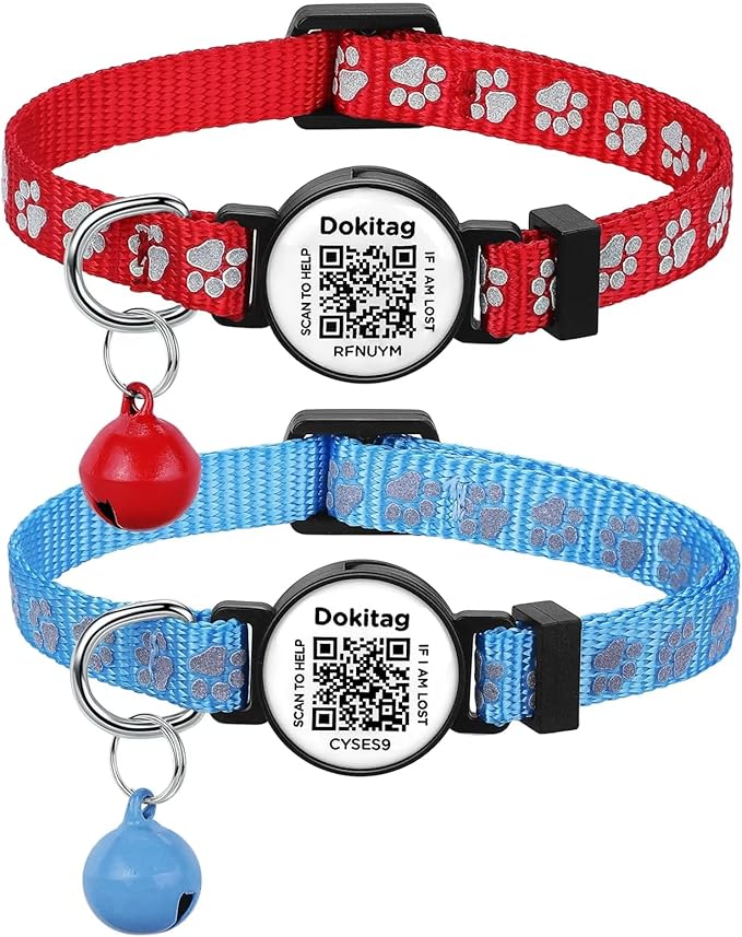 Reflective Cat Collar with QR Code Name Tag,Breakaway Cat Collars with Pet Id Tag and Bells,Scan QR Receive Instant Pet Location Alert Email 2pack (red&Blue)