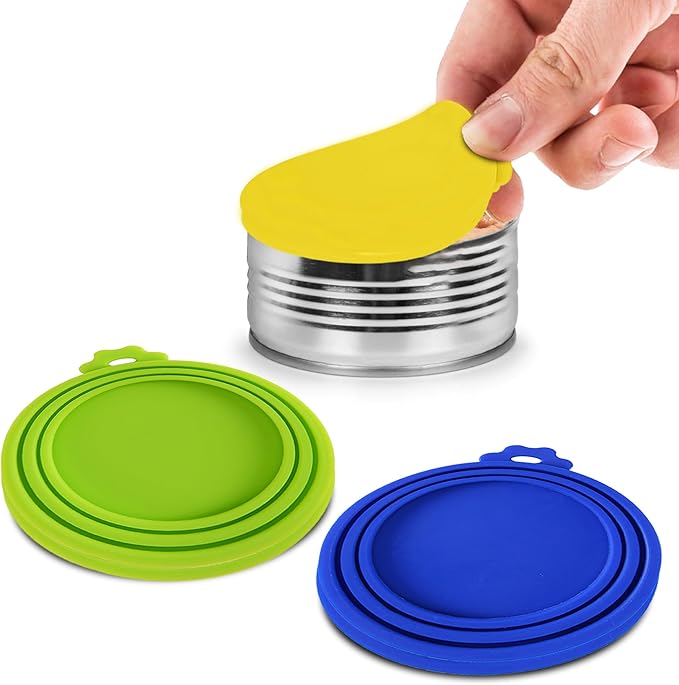 SunGrow Cat Food Can Lids, Durable and Flexible Silicone Wet Pet Food Can Covers, Universal Fit Storage Toppers, Dishwasher-friendly, Yellow, Blue, Green, 4” x 3.5”, 3 Pcs Per Pack