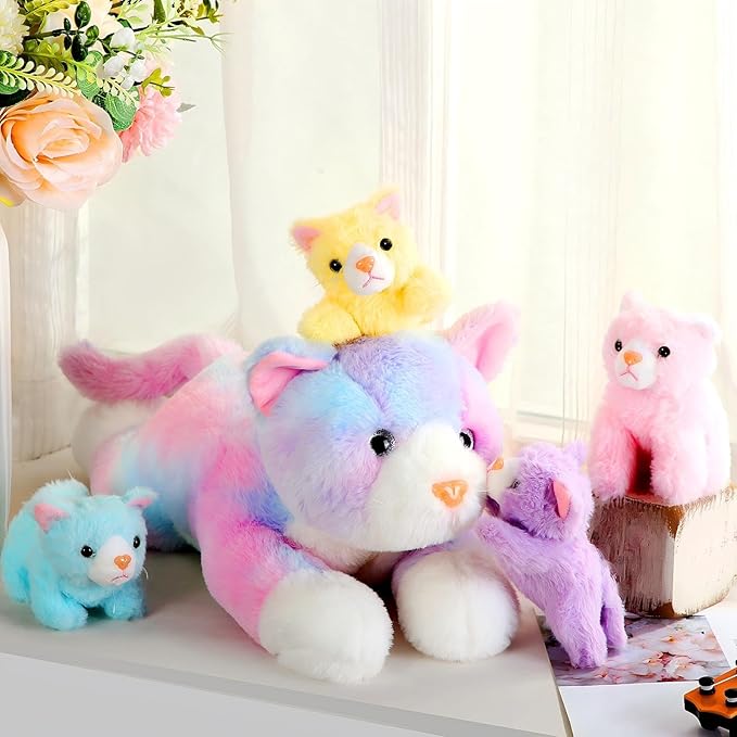 Skylety 5 Pieces Cat Stuffed Animal with Babies Inside Belly Plush Cat Pregnant Mommy Kitty with 4 Cute Fluffy Stuffed Kittens Christmas Birthday Surprise Gifts(Colorful)