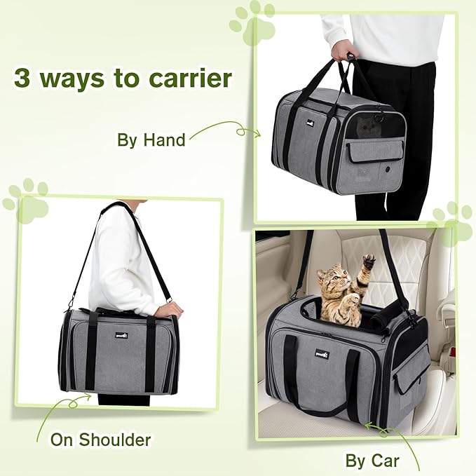 pecute Cat Carrier Expandable, Extra Large Pet Carrier Bag, Foldable Cat Carrier Bag with Breathable Mesh, Pet Carrier Transport Bag for Dogs and Cats, with Shoulder Strap and Pet Bowl