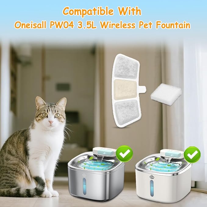 24 Pack PW04 3.5L Wireless Pet Fountain Filters for Hard Water, Reduces Limescale & Bad Taste, Compatible with Oneisall Cat Water Fountain Dispenser, Long Lasting Replacement Filter