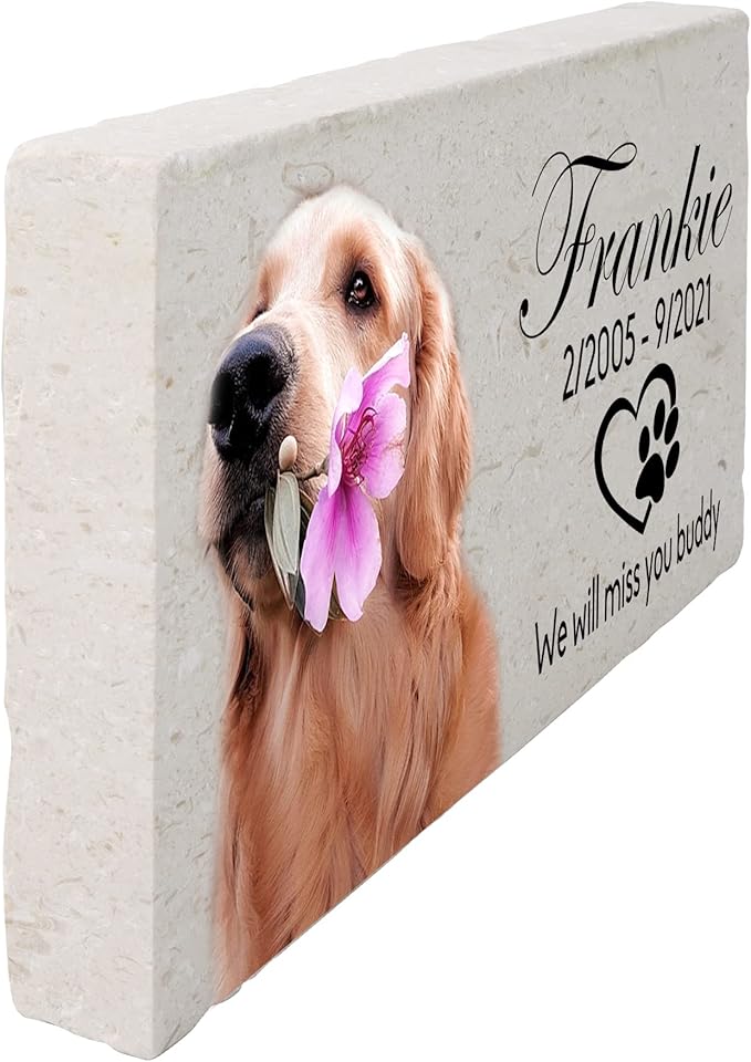 Custom Dog Memorial Stone, Personalized Pet Headstones for Dogs, Outdoor Pet Grave Markers with Photo Print and Text, Loss of Pet Sympathy Gift, 12”x 6”x1.25" Pet Grave Stone (A. Frankie Design)