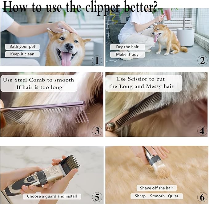 Highdas Dog Grooming Kit Clippers, Low Noise, Electric Quiet, Rechargeable, Cordless, Pet Hair Thick Coats Clippers Trimmers Set, Suitable for Dogs, Cats, and Other Pets(Grey)
