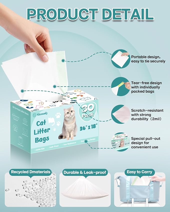 Litter Box Liners Extra-Thick, 30 Count Jumbo Size Cat Litter Bags Large, Kitty Litter Liner XL, Easy Clean Up Litter Pan Liners, Pet Cat Supplies - 36" x 18"