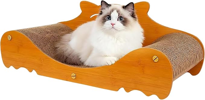 Cat Scratching Board with Natural Wood Color Sturdy Frame and Cardboard Liner, 24in x 9.5in Indoor Cat Lounger, Furniture Protection Scratching Pad, Durable