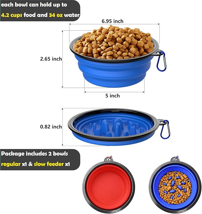 Dog Bowl Pet Collapsible Bowls Slow Feeder Dog Bowls, 2 Pack for Cats Dogs 34 oz, Portable Foldale Pet Water Food Feeding Dishes for Walking Hiking Traveling with 2 Carabiners (Blue+Black)