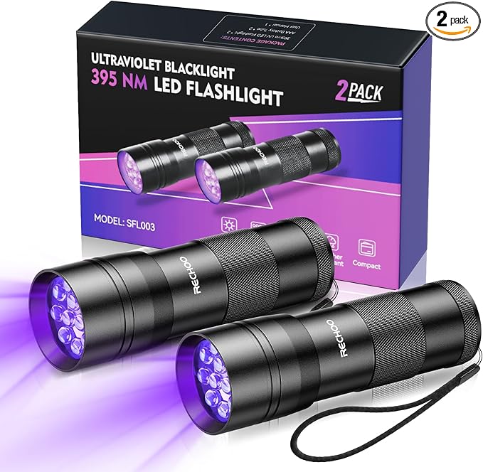 Black Light UV Flashlight 2 Pack, 12 LED 395nm UV Flashlight, Portable Mini UV Light Waterproof, Blacklight for Pet Urine Detection, Dry Stains, Bed Bug, Fluorescent Agent (Batteries not included)